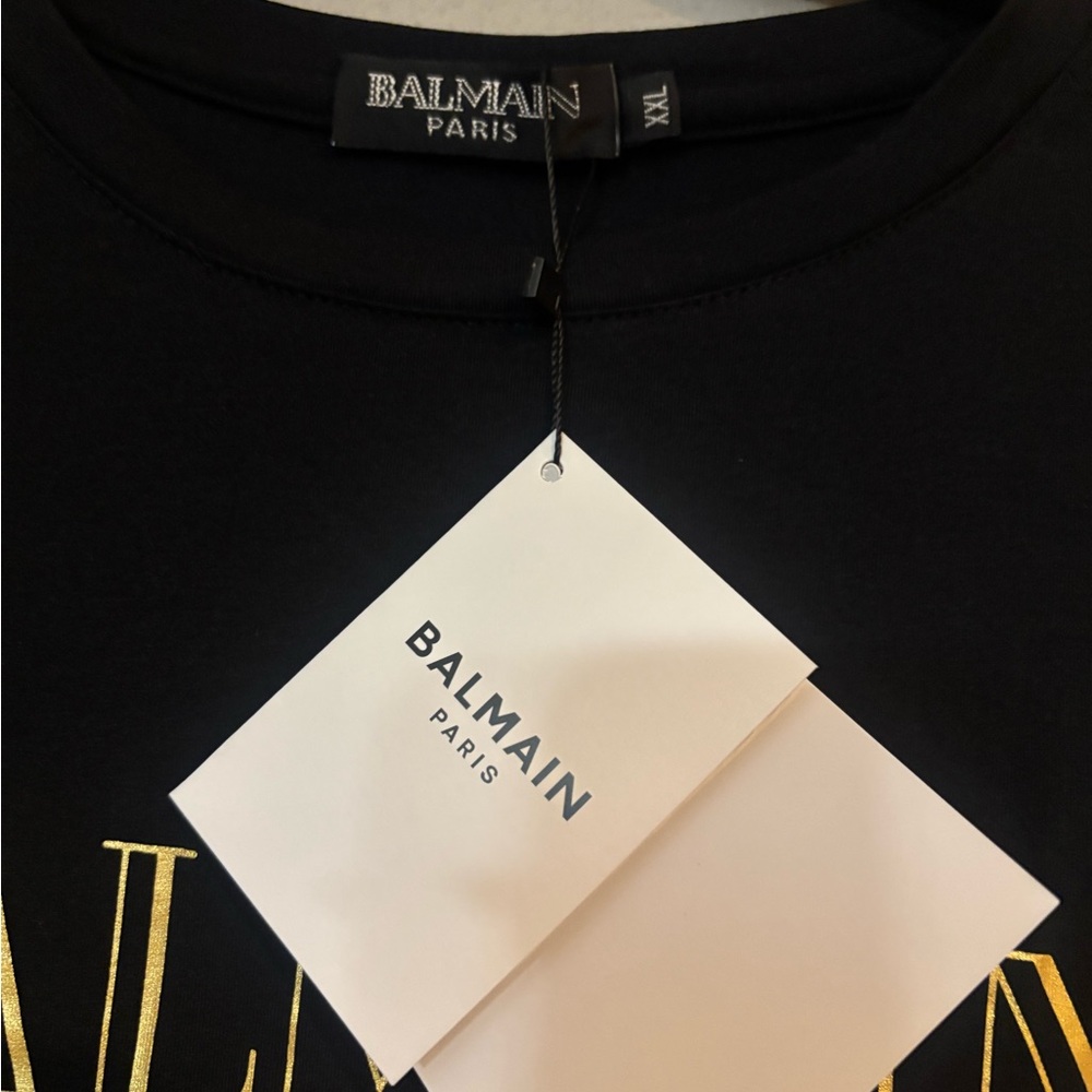 Balmain Black Tee with Gold Button Details - Picture 2 of 3